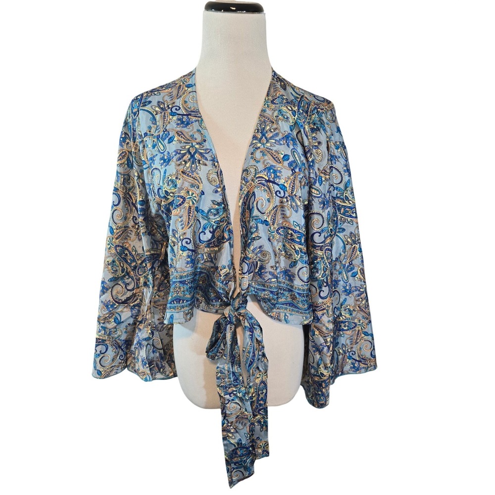 White Waves Blue Gold Paisley Silk Blend Tie Front Bell Sleeve‎ Crop Top NWT